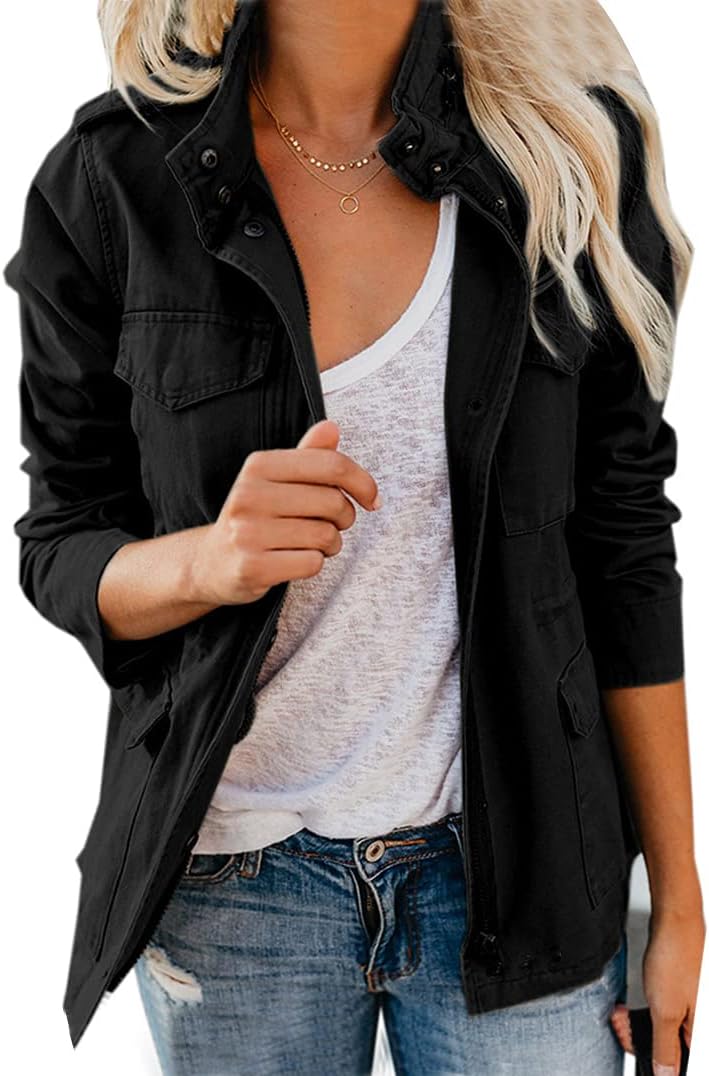 Chouyatou Women's Fall Stand Collar Zip Up Military Jacket