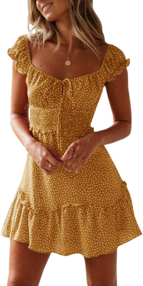 YOBECHO Womens Summer Ruffle Sleeve Sweetheart Neckline Dress