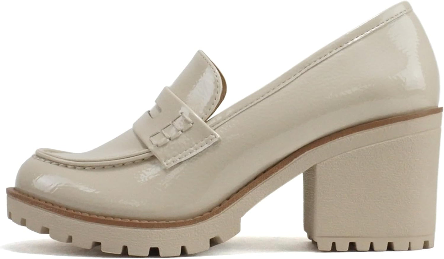Soda Kinder Women Slip On Chunky Mid Heel Penny Loafer Shoe