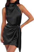 ZESICA Satin Halter Neck Tie Waist Wrap Bodycon Mini Dress