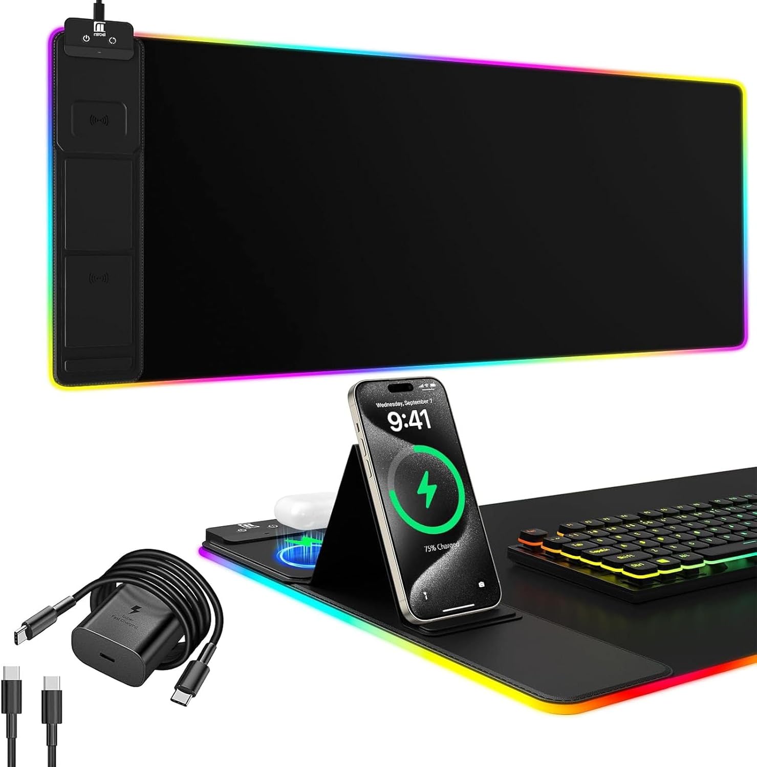 Wireless Charging Mouse Pad with RGB Lighting and Phone Holder
