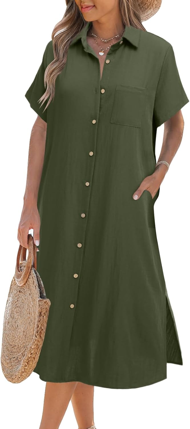 Zeagoo Women Summer Casual Short Sleeve Button Down Dress