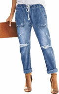 Womens Pull-on Distressed Stretch Denim Jogger Pants - Elastic Waist