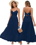 Women Casual Summer Floral Maxi Sundress V Neck Spaghetti Strap double