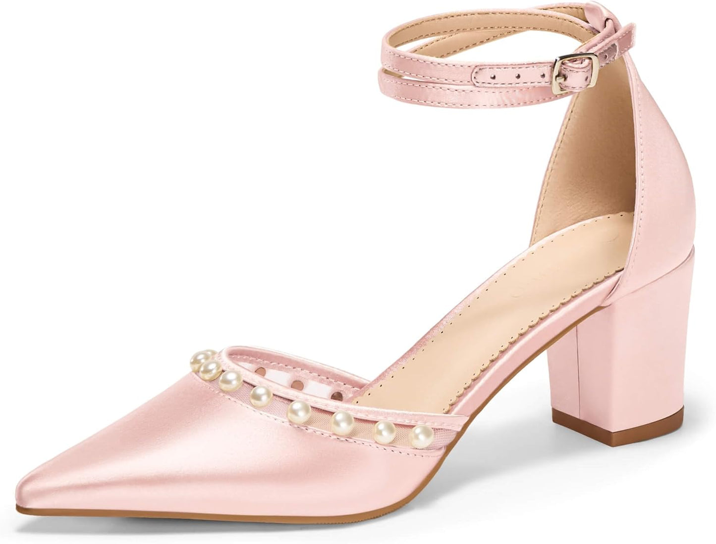 Coutgo Womens Pearl Chunky Heels Wedding Shoes for Bride