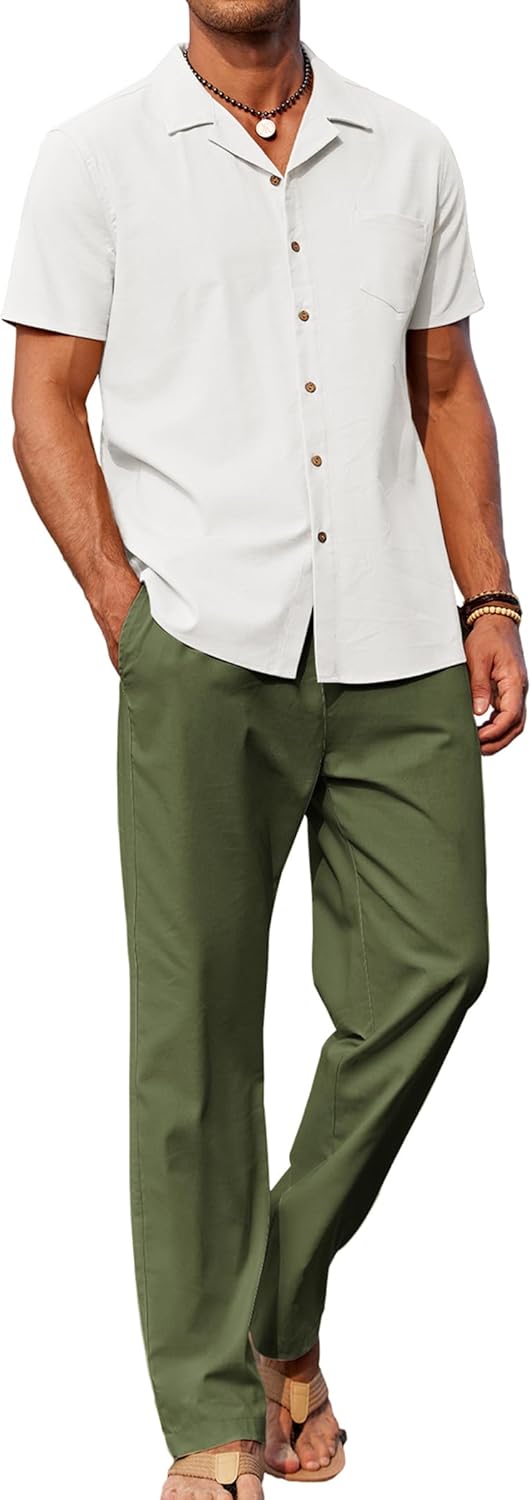 COOFANDY Men 2 Piece Linen Outfit for Beach and Casual Wear