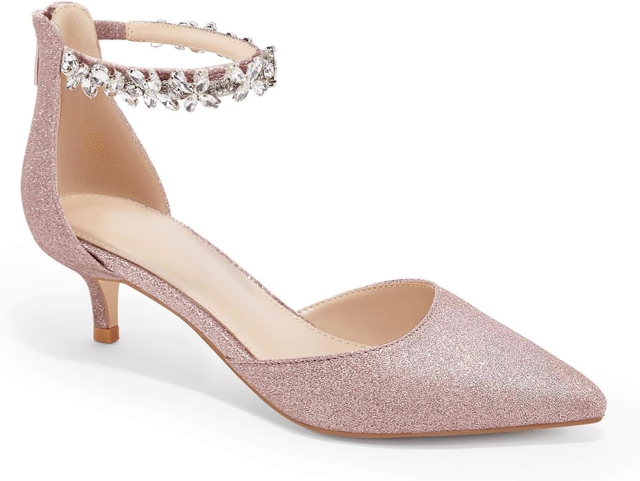 Women's Wedding Rhinestones Low Kitten Heels Pumps for Bridal