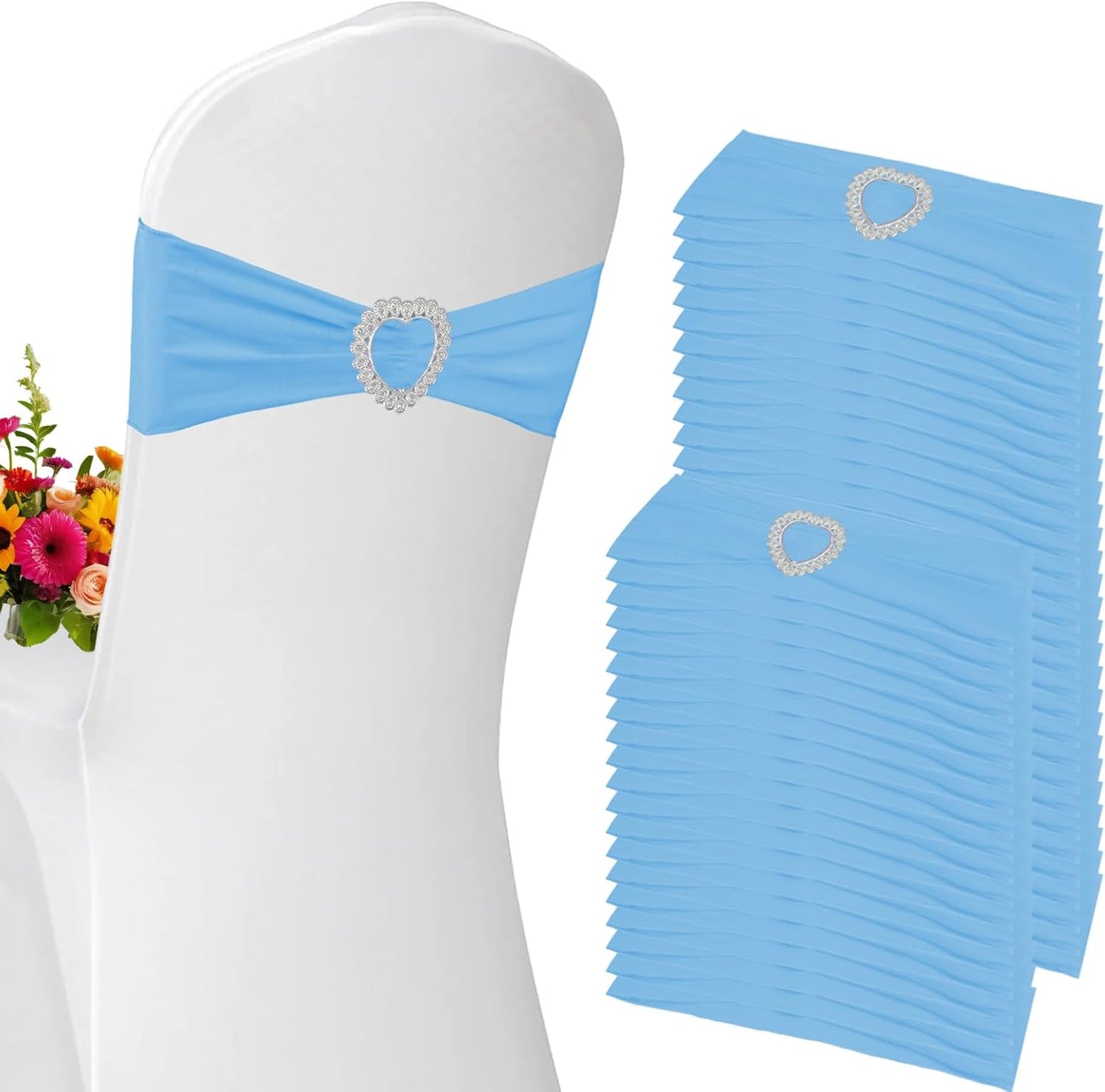 100 Pack Spandex Stretch Blue Chair Sashes for Events and Weddings