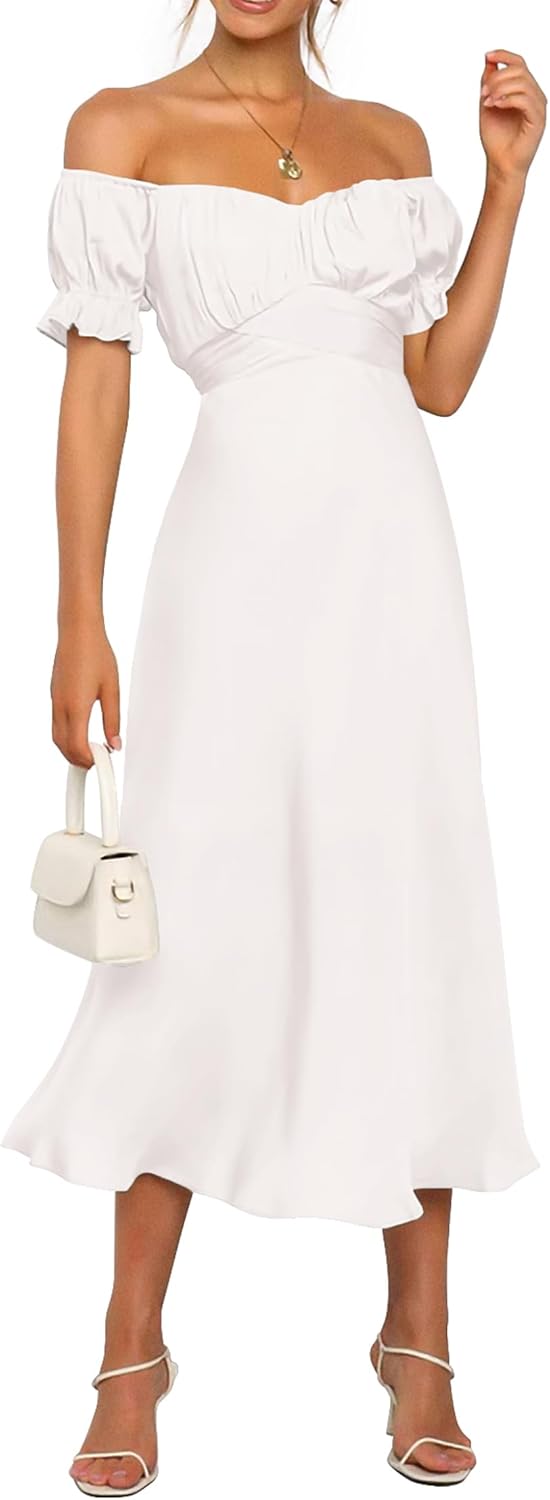 KIRUNDO Women's Satin Off Shoulder Midi Dress for Weddings