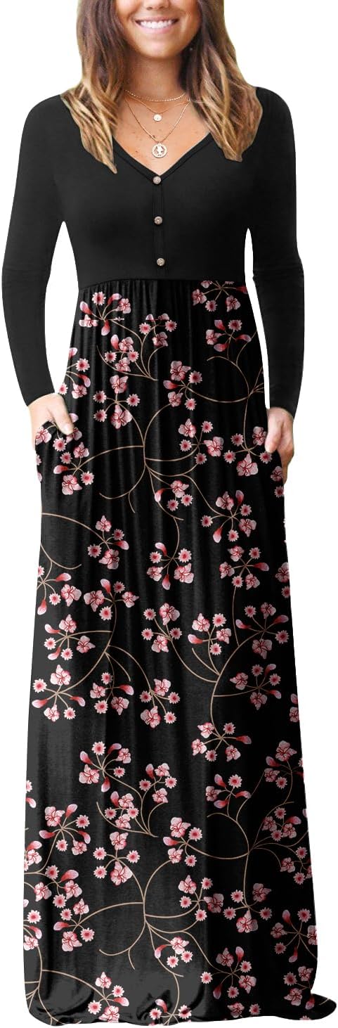 GRECERELLE Womens Long Sleeve V Neck Casual Maxi Dress with Pockets