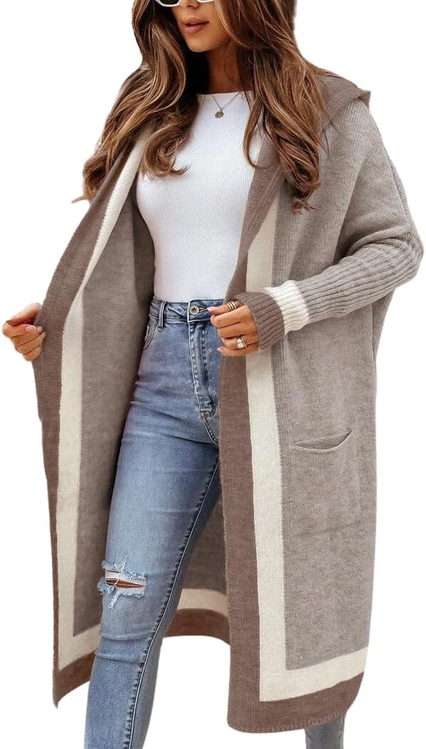Chouyatou Women's Color Block Oversized Hooded Cardigan Sweater