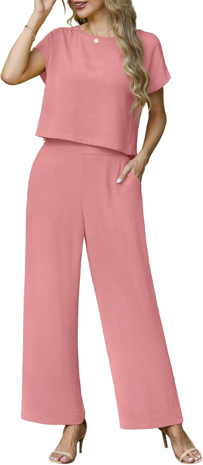 Lepunuo 2 Piece Sets for Women Summer Cap Sleeve Crop Top