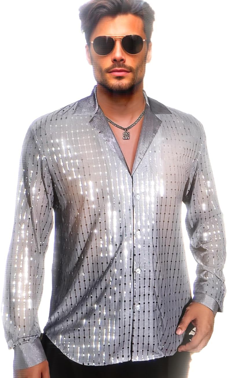 Mens Mesh Sequins See Through Long Sleeve Disco Shirt for Parties
