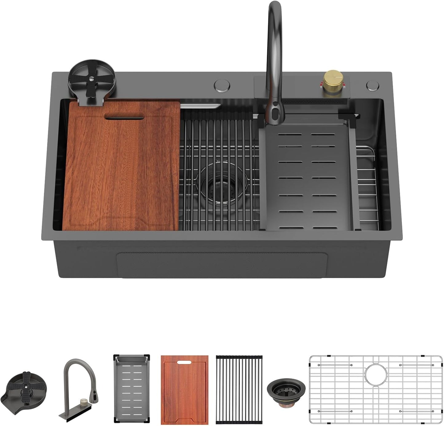33 Waterfall Kitchen Sink Drop In with Built-in Accessories
