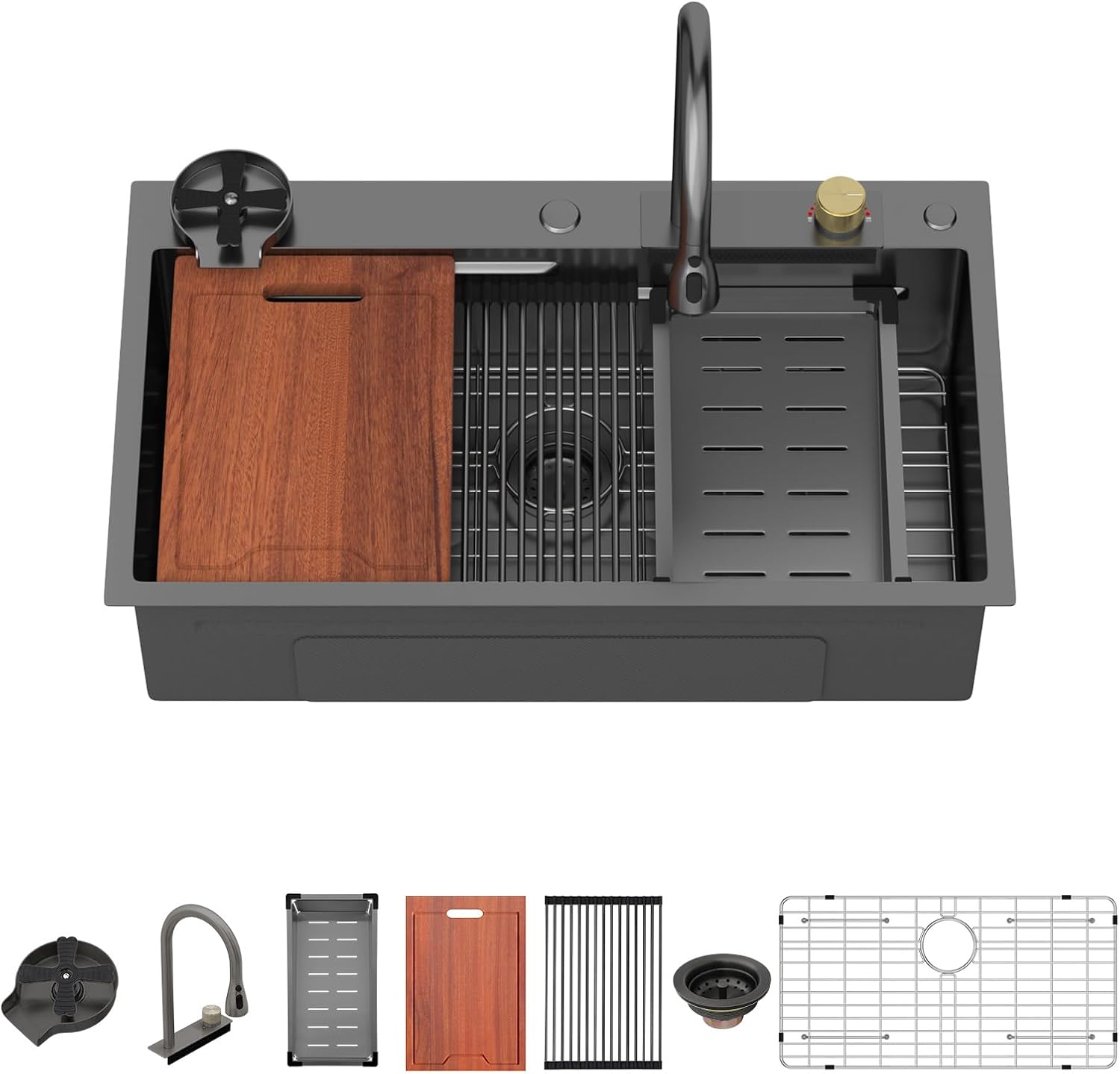33 Waterfall Kitchen Sink Drop In with Built-in Accessories