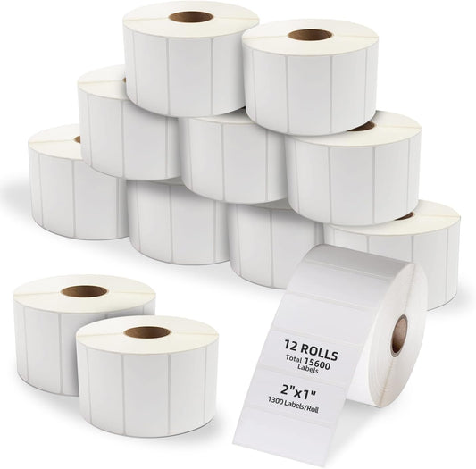 Commercial Grade 2x1 Thermal Labels, 1300 Labels, Permanent Adhesive, 12 Rolls