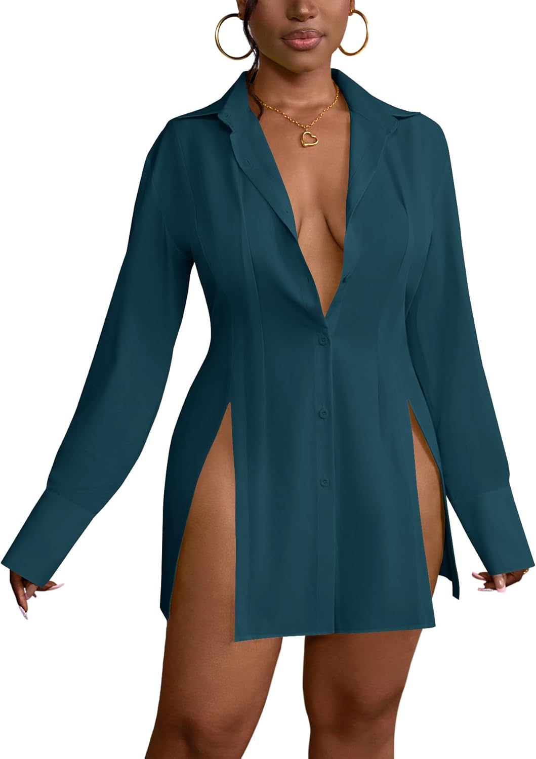 LYANER Women's Sexy Mini Shirt Dress with Long Sleeves and Slit