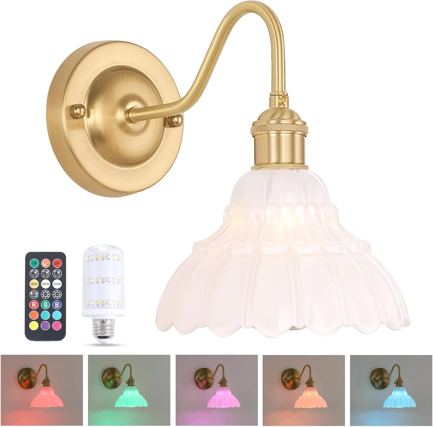 Battery Operated Wall Sconce with Vintage White Lily Glass Shade