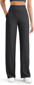 Breathable Ribbed Women Wide Leg Pants with Pockets - High Waist