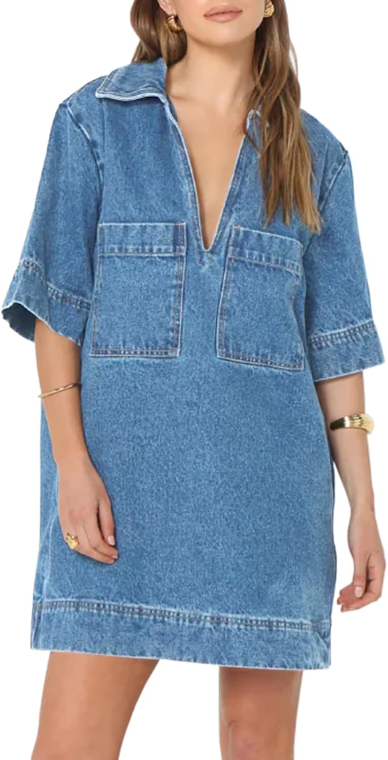 Fisoew Womens Denim Shirt Dress with Pockets for Summer Style