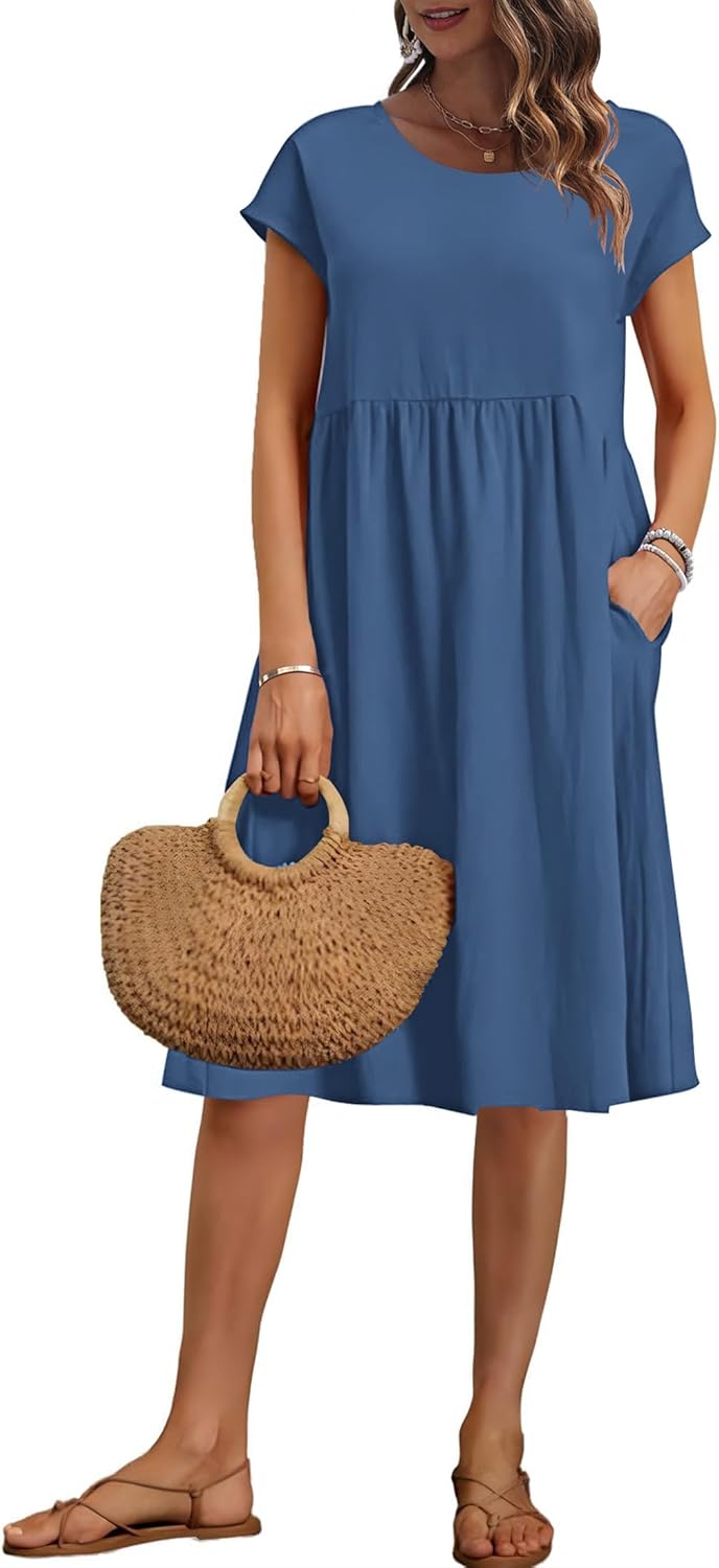 AUSELILY Women's Summer Short Sleeve Knee-Length Dress with Pockets