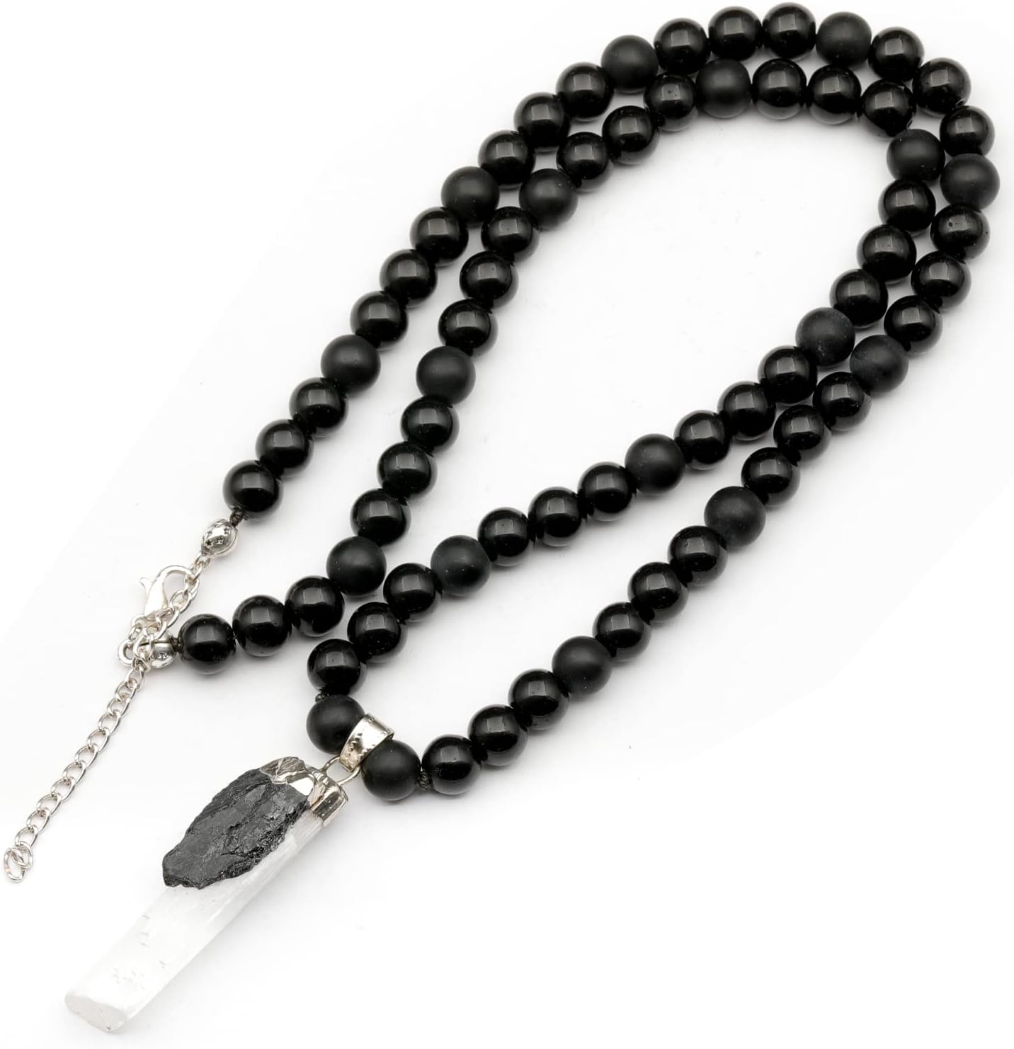 Natural Raw Tourmaline Pendant with Black Onyx Beaded Necklace