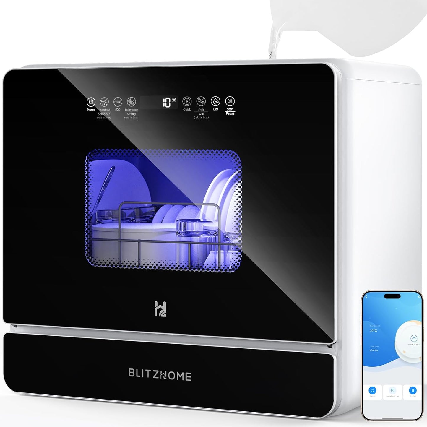 BLITZHOME WiFi Countertop Mini Dishwasher with Smart Features