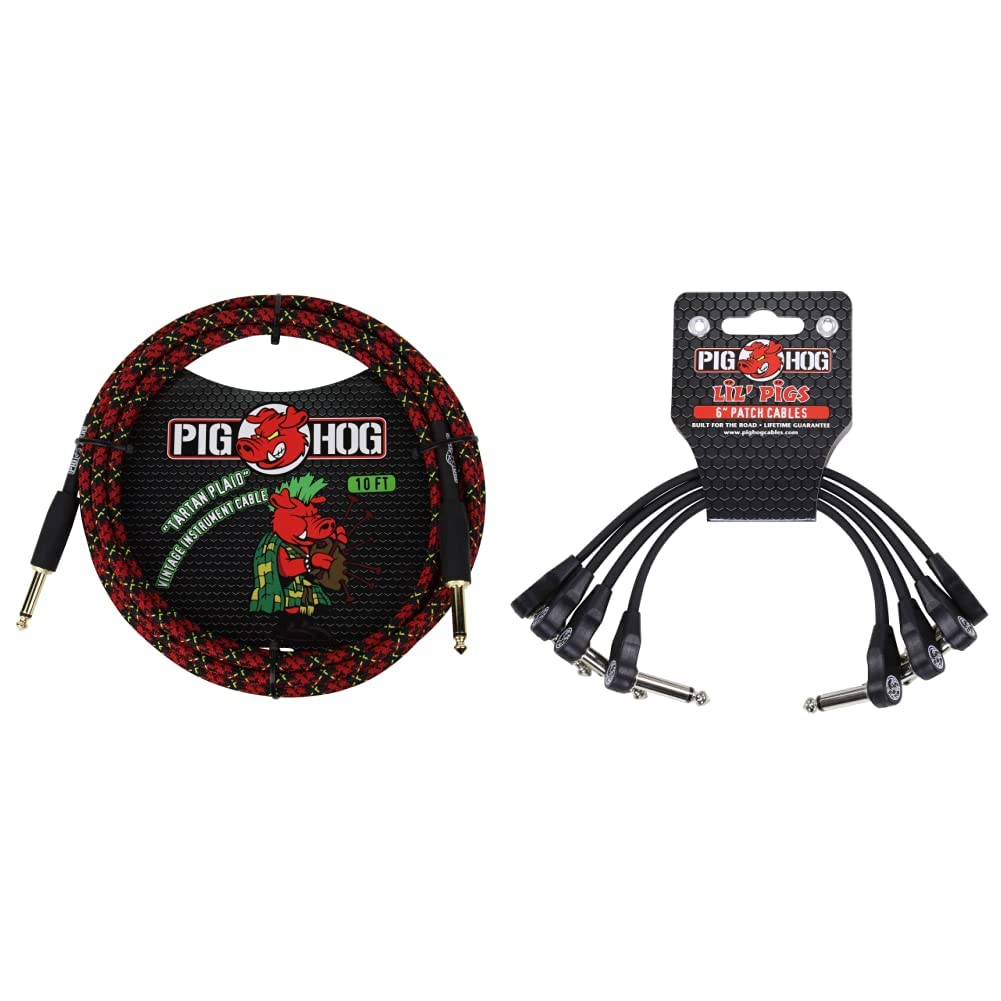 Pig Hog 10 Feet Tartan Plaid Guitar Cable & 6 Low Profile Patch Cables