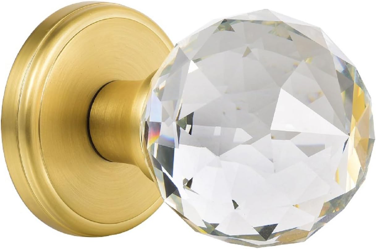 Crystal Glass Door Knobs for Hall and Closet - Satin Brass Finish