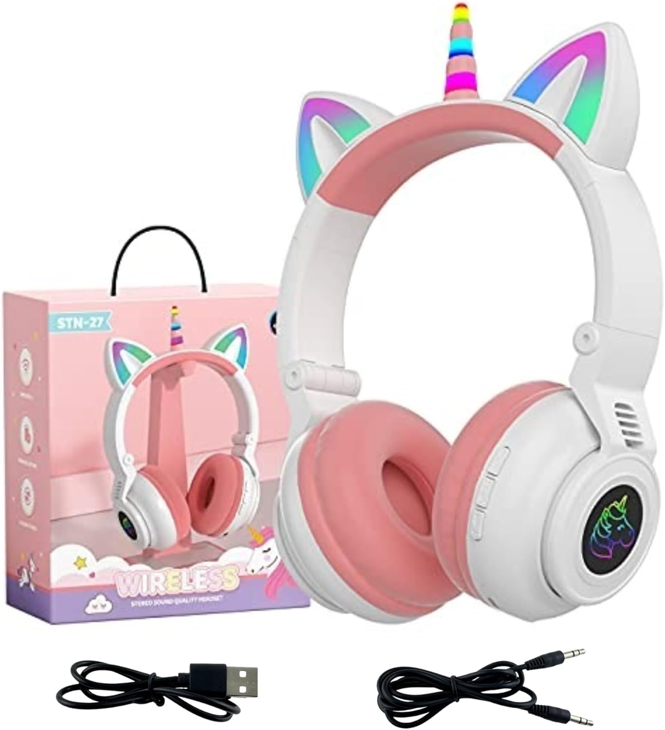 Unicorn Kids Headphones with Light Up Cat Ears for Girls