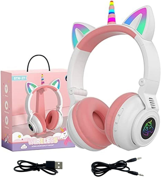 Unicorn Kids Headphones with Light Up Cat Ears for Girls