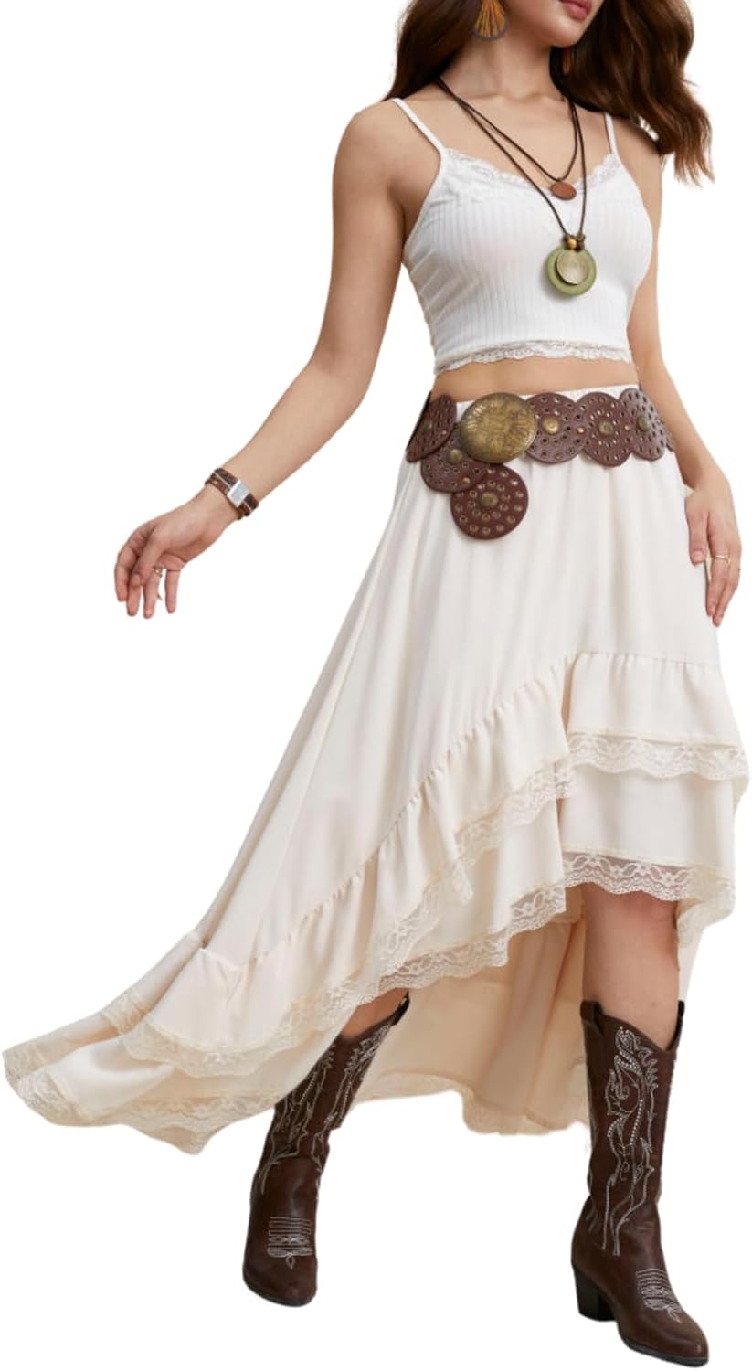 Verdusa Women's Western Boho Lace Ruffle Skirt for Concerts