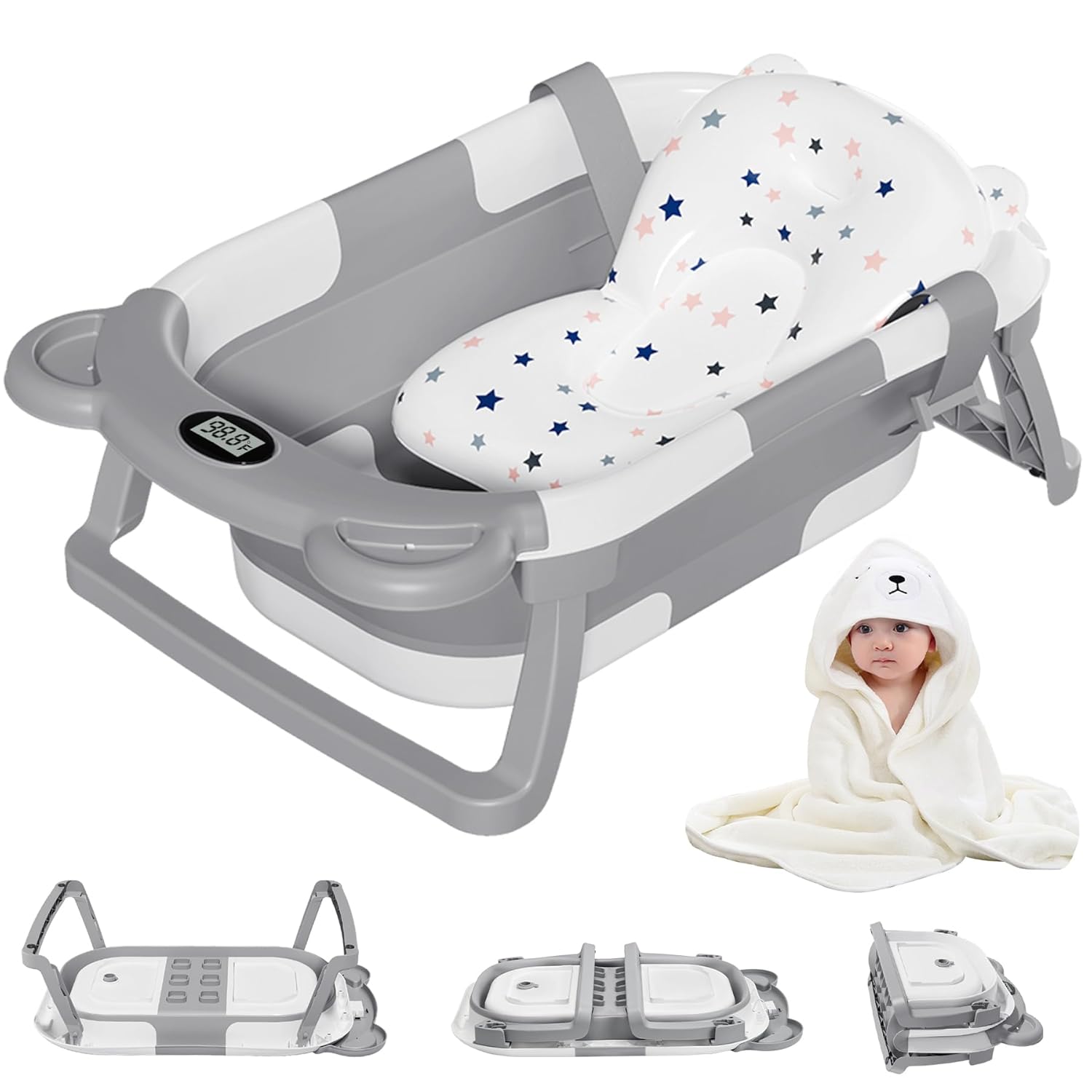 Portable Collapsible Baby Bathtub Set: Includes Thermometer & Towel