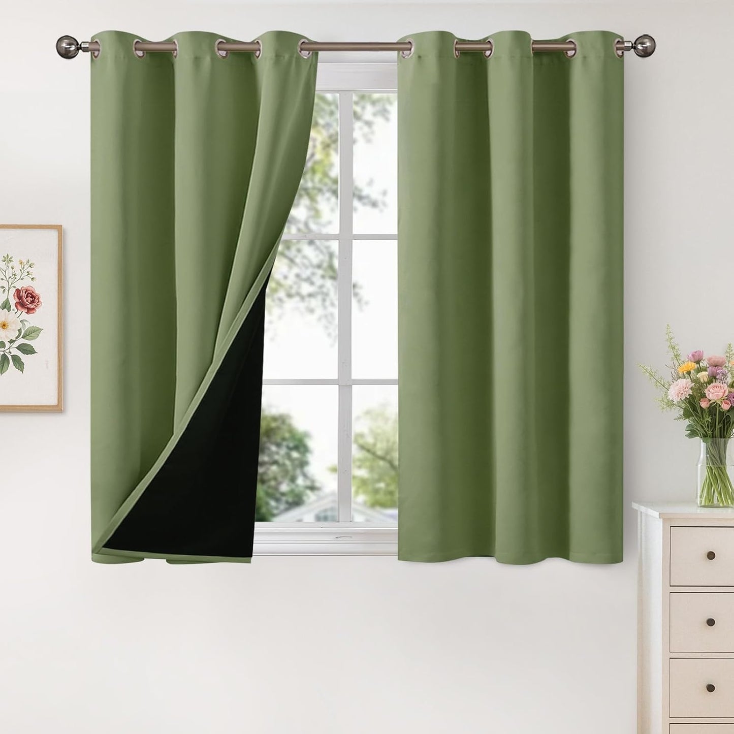 YoungsTex 100% Blackout Curtains for Short Windows, Olive Green