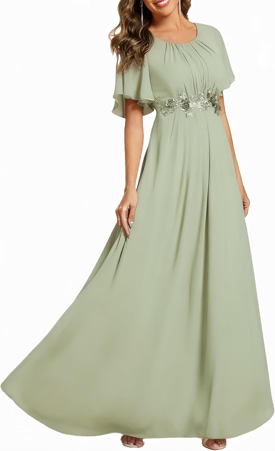 Elegant Floor Length A Line Evening Dress with Ruffle Sleeves