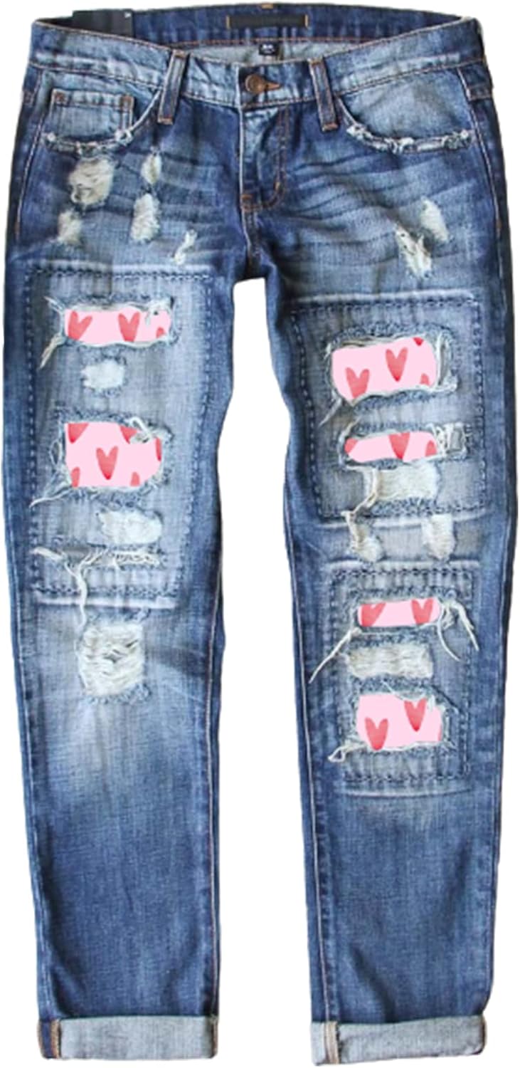 Astylish Womens Plaid Patch Ripped Boyfriend Distressed Jeans