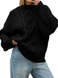 Womens Oversized Cable Knit Sweater Button Up Turtleneck - Cozy Fit