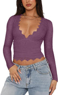 REORIA Womens V-Neck Lace Y2K Crop Top - Slim Fitted Going Out Shirt