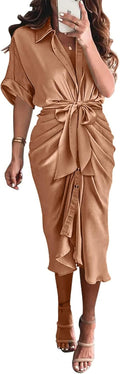 Elegant BTFBM Women's Ruched Dress with Button Down Style for Summer