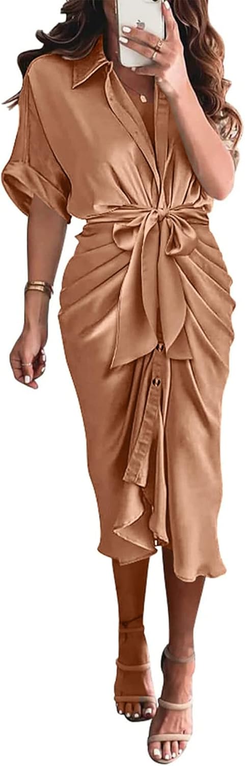 BTFBM Women Button Down Ruched Shirt Dress for Summer Events