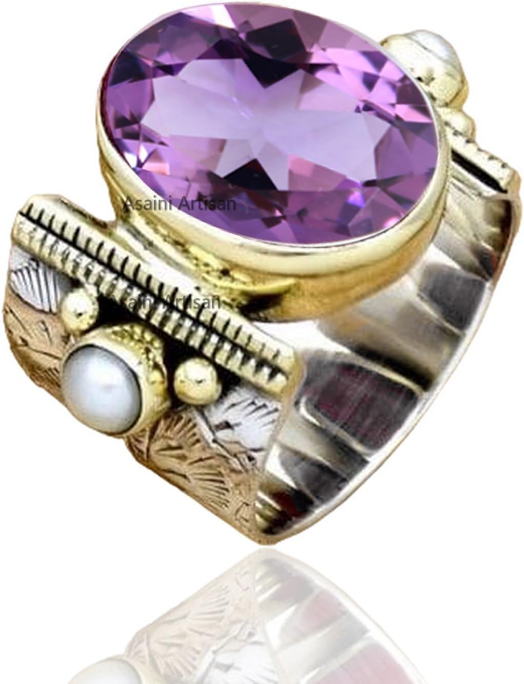 10x14MM Oval Gemstone Sterling Silver Ring with Pearl Accents