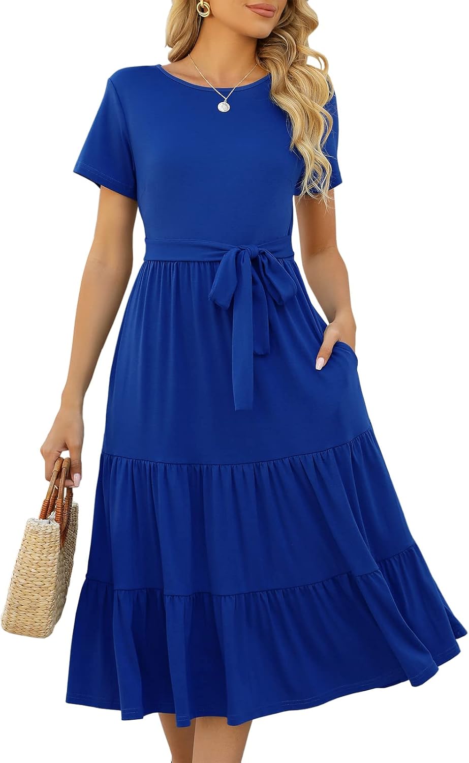 Lyrur Women's Casual Summer Tiered Midi Dress with Pockets