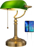 Newrays Green Glass Bankers Desk Lamp with USB Charging Port
