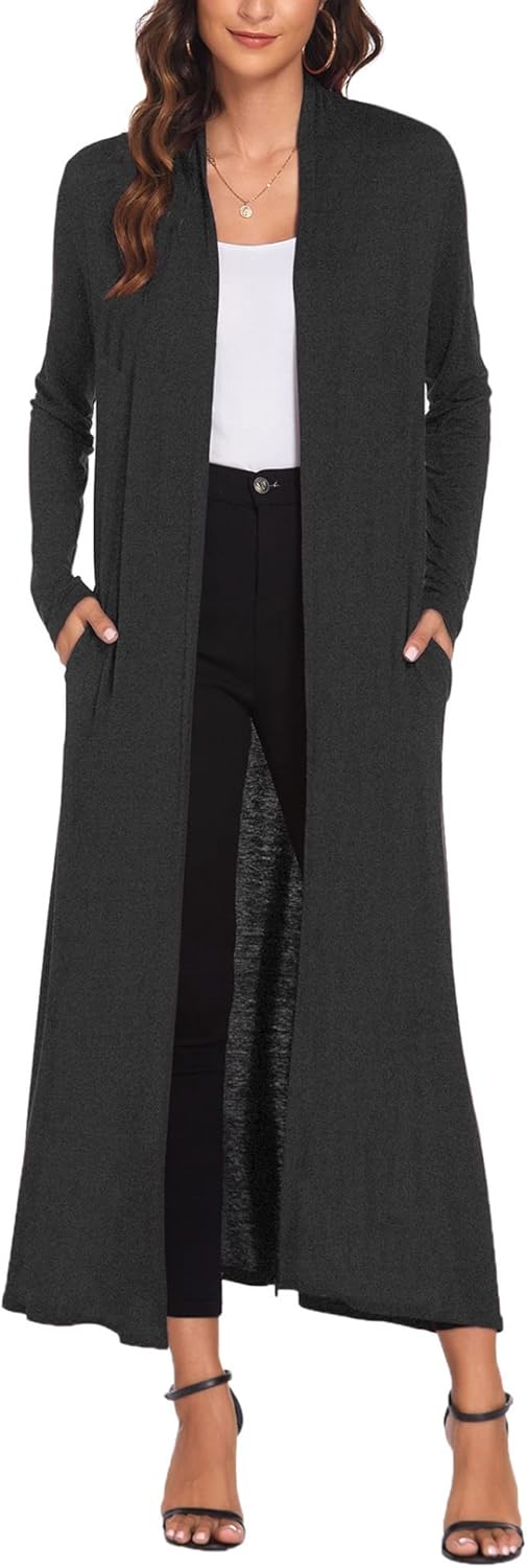 Stylish Women Floor Length Open Front Cardigan with Pockets