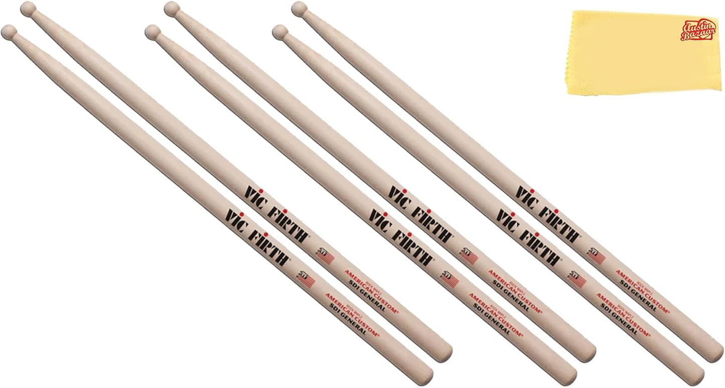 Vic Firth SD1 General Drumsticks 3-Pack Bundle with Cloth