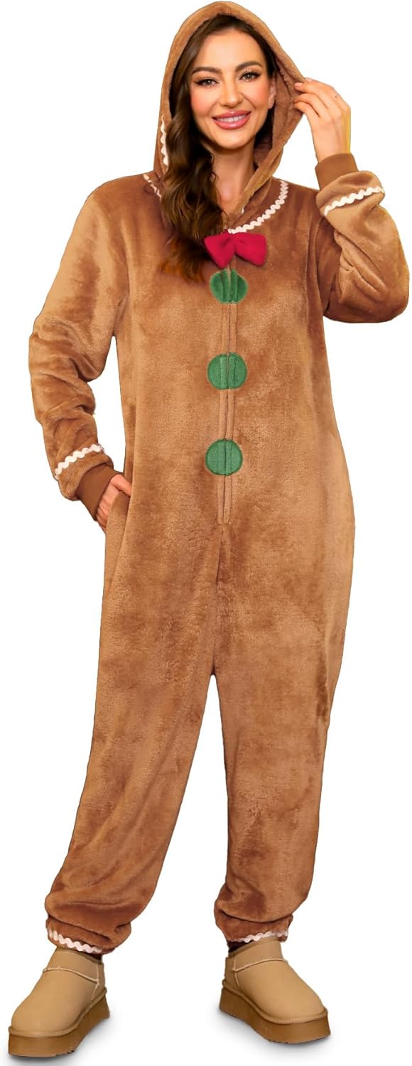 Women Christmas Hooded Fleece Onesie for Holiday Comfort