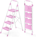KINGRACK 4 Step Ladder Pink - Sturdy Foldable Step Stool for Home