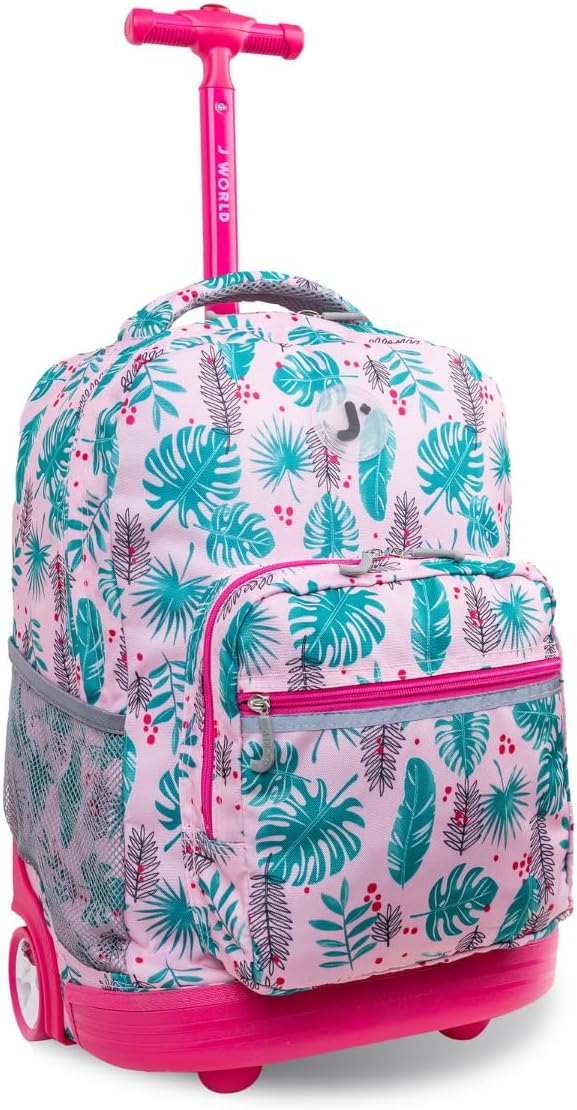 J World New York Sunrise Rolling Backpack with Palm Leaves Design