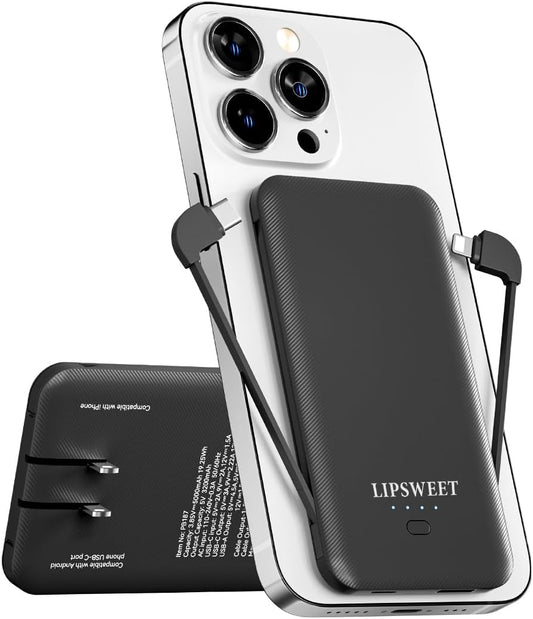 Pocket Size Power Bank with Built-in Cables - Fast Charging