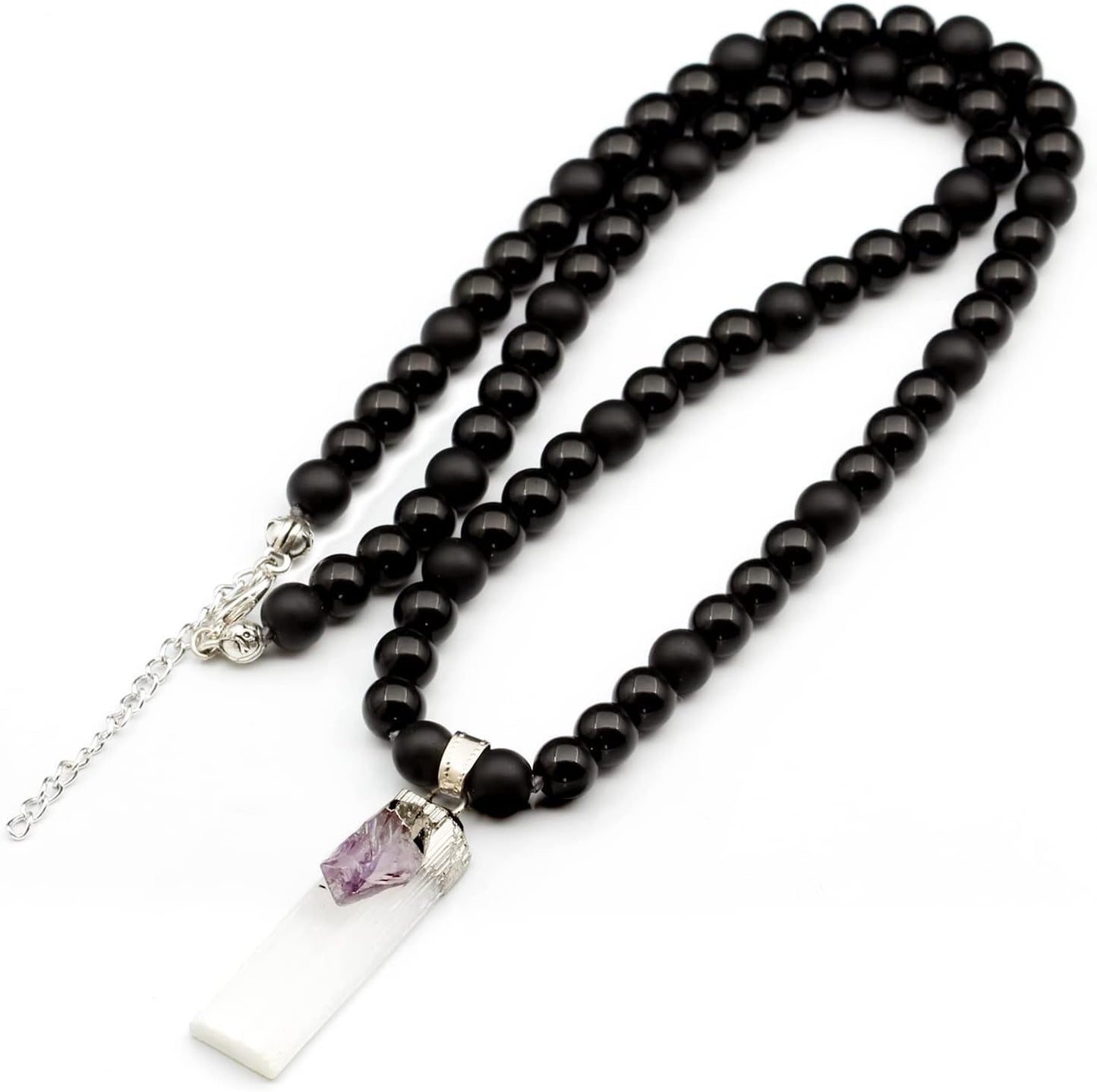 Natural Raw Tourmaline Pendant with Black Onyx Beaded Necklace